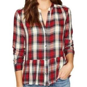 Splendid Red Plaid Edgeware Top Size XS Peplum Raw Hem Button Up Split Neck